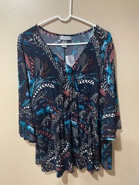 Catherines Navy Multi-Color Feather Print V-Neck Peplum Tunic